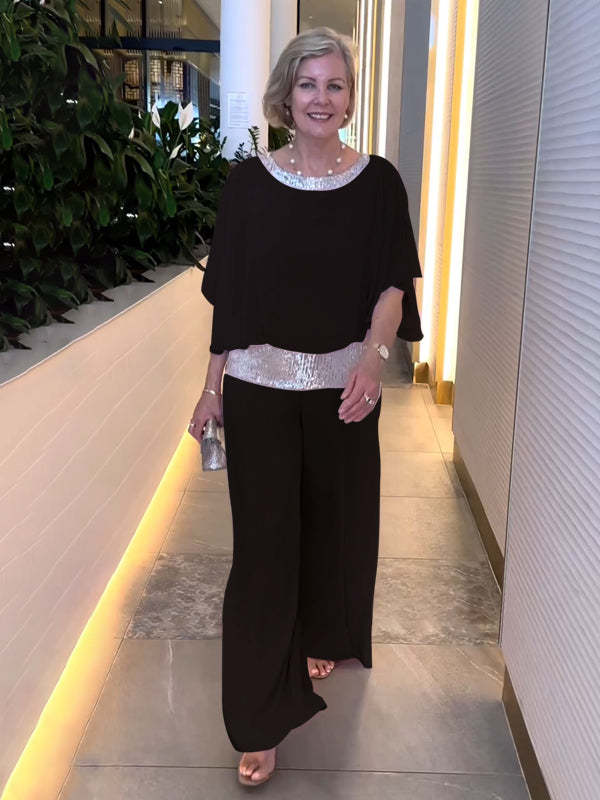 Europe and The United States Ladies Suit Round Neck Sequins Color Blocking Bat Shirt Wide Leg Pants Suit Female