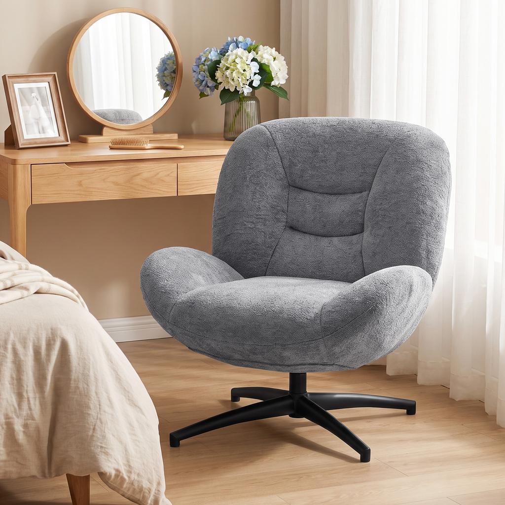 Armchair Living Room Swivel Lounge Chair with Wide Seat, Integrated Armrest, Chenille Look, Dark Grey