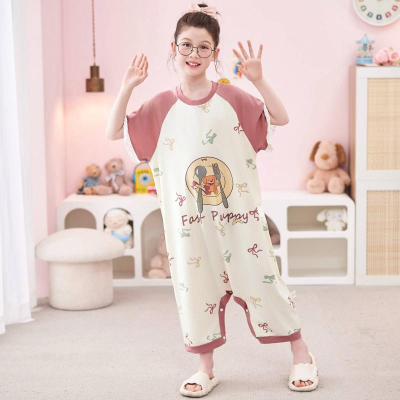 Tencel Girls One-Piece Short Sleeve Pajamas Lightweight Sleepwear Kids Anti-Kick Blanket Home Wear
