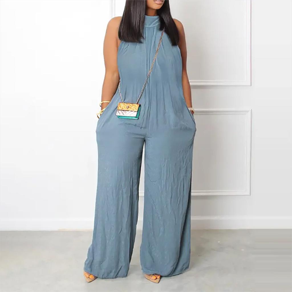 Women's Plus Size Jumpsuit Summer Beach Sleeveless Solid Color Casual Fashion Wide Leg Jumpsuit