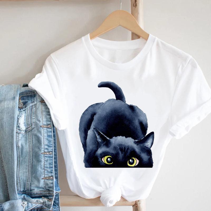 Женская футболка с принтом Love Heartbeat, милый кот, летняя модная футболка с коротким рукавом, женская женская одежда, повседневная футболка с рисунком