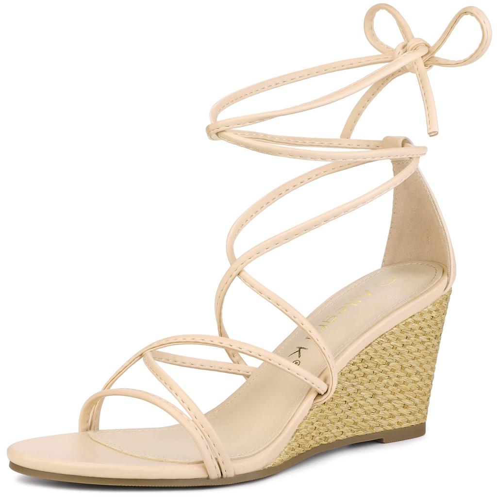 Allegra K Women's Lace-Up Strap Wedge Heel Sandals, Beige, Size 25.0 Cm
