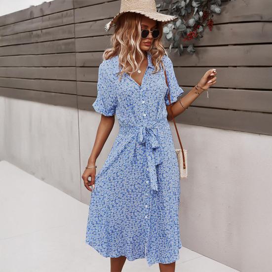 Women Summer Floral Midi Dress Short Sleeve Button Down Belted Dress Casual V Neck Shirt Dress with Slit Hem