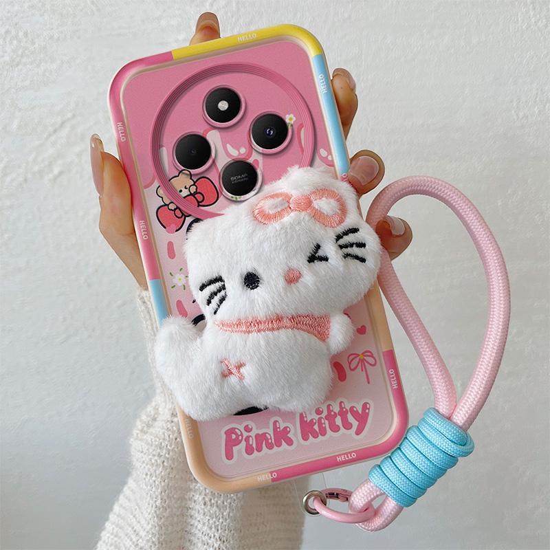 KEYSION Cute 3D Cartoon Plush Case for Redmi 14C with Lanyard Soft Silicone Shockproof Phone Back Cover for Xiaomi POCO C75