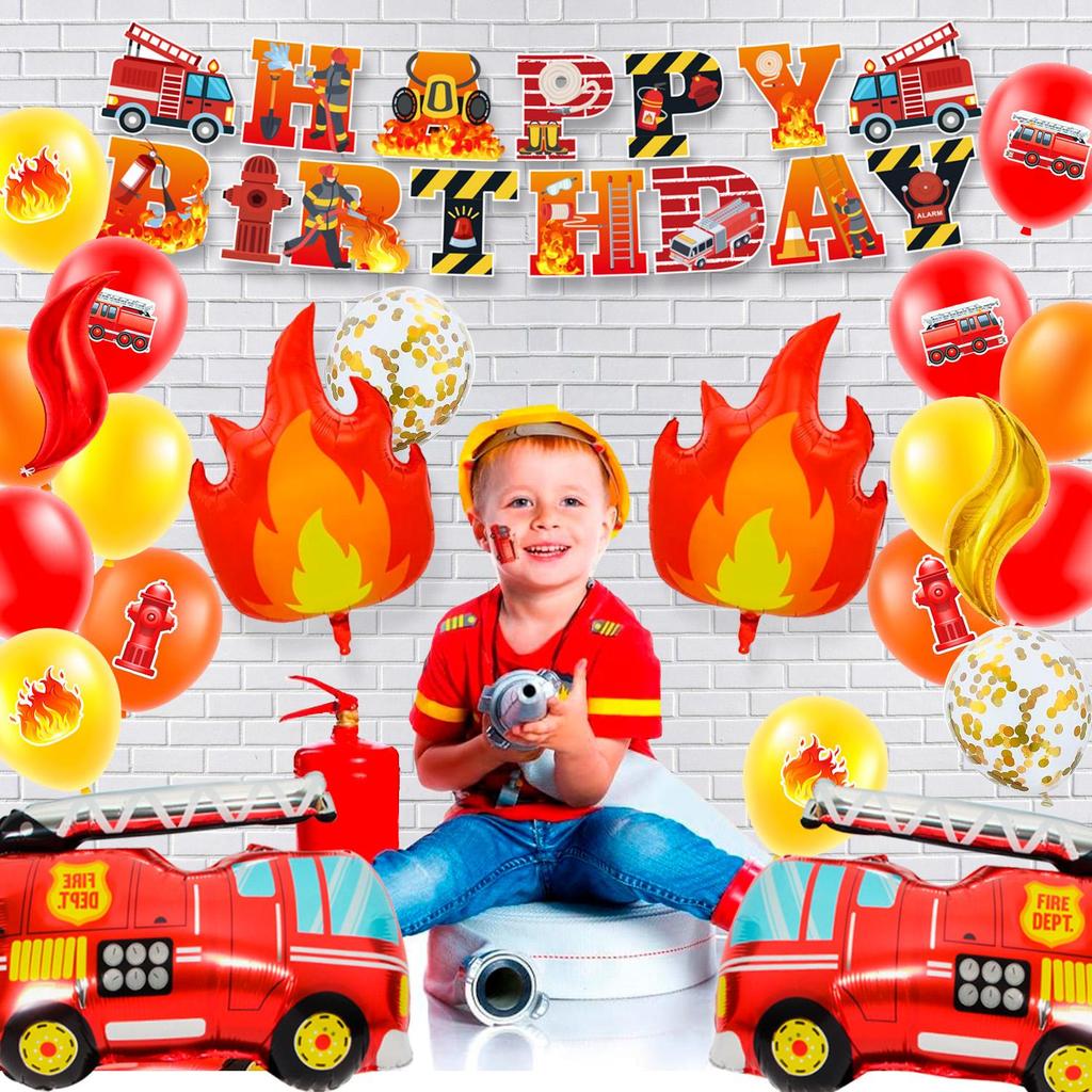 Украшения для вечеринки «Пожарная машина», 100 шт., Украшения для дня рождения «Пожарная машина», Шары для вечеринки «Пожарная машина», Баннер «С днем рождения», Топперы для торта, Скатерть и т. д.