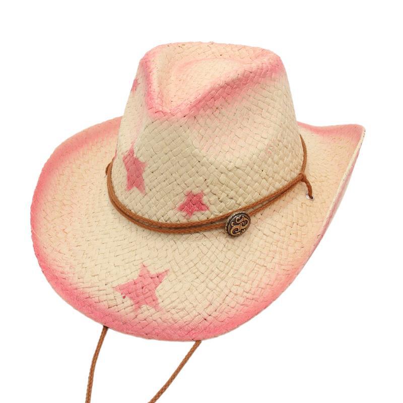 Western Cowboy Straw Hat Outdoor Sun Hat Seaside Beach Hat Knight Hat Men'S And Women'S Pink Cool Hat