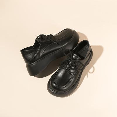 Большие носовые туфли женские весенние кожаные туфли симпатичный стиль слипоны с круглым носком завязка толстая подошва маффин толстая подошва одинарные туфли женские