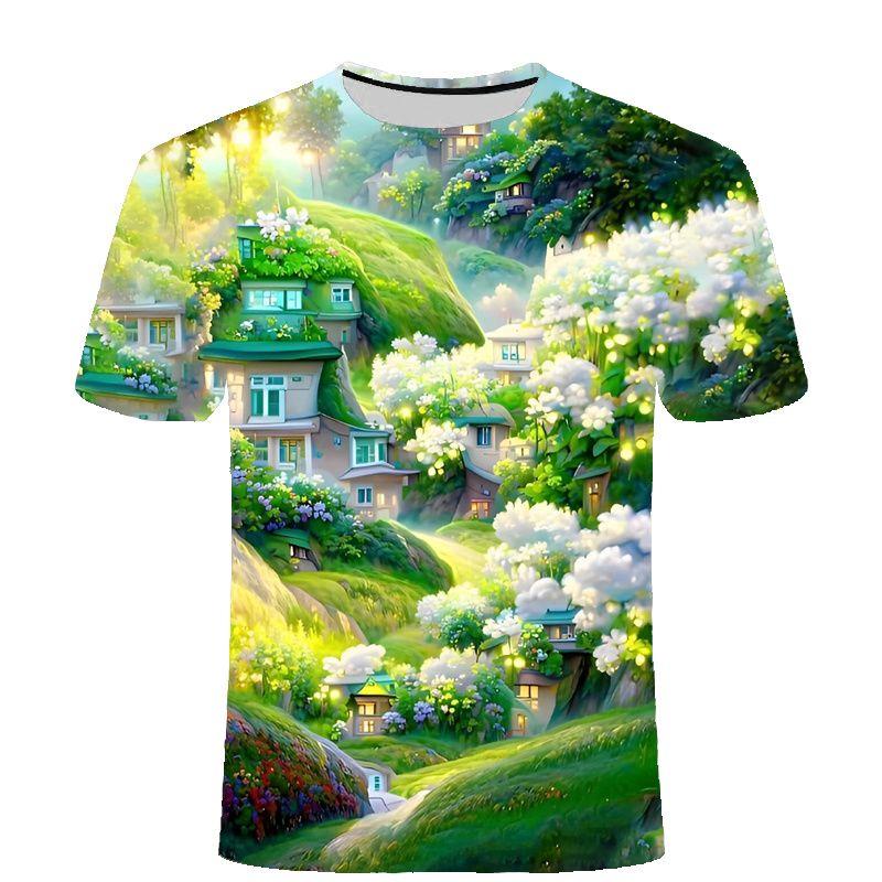 2024 Summer New Spring/Summer Landscape Series 3D Digital Printed T-shirt for Casual and Comfortable Men and Women Round Neck T-shirt