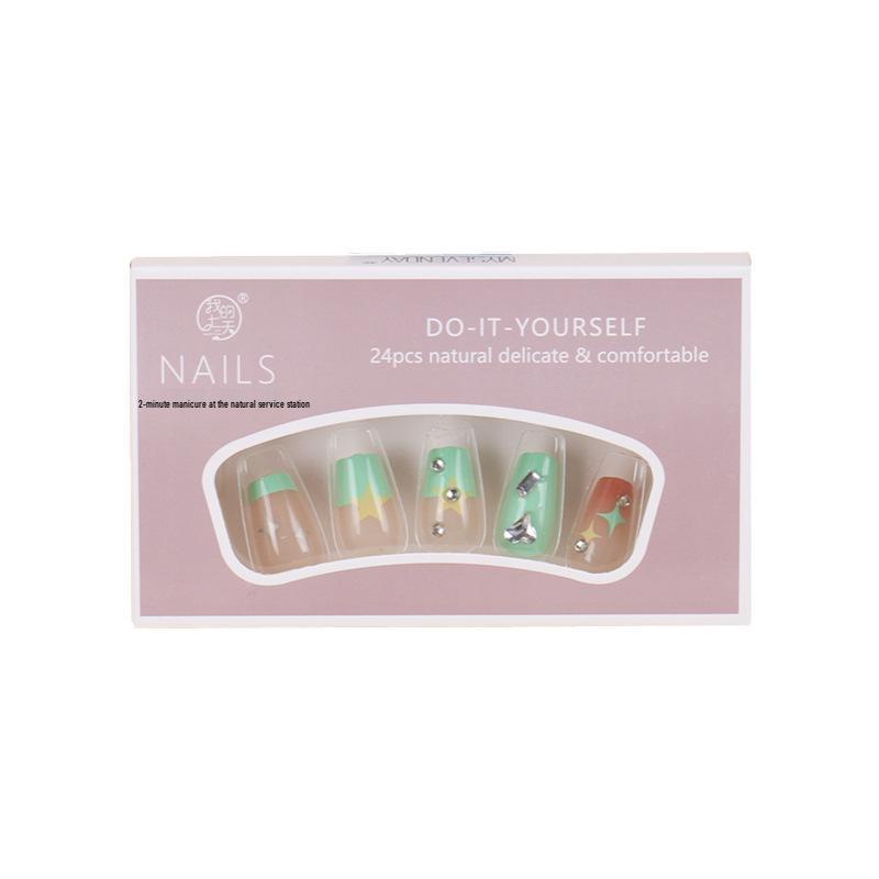 Handmade Green Star Short Press-On Nails with Jelly Glue