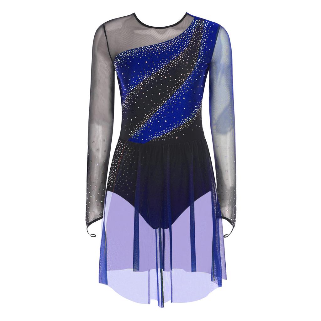 Womens Figure Skating Dress Contrast Color Rhinestones Gradient Mesh Skirt One Piece Leotard