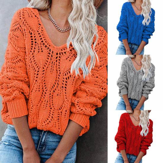 Winter Autumn V Pullovers Neck Sweaters Hollow Out Plus Size 4 Wool Colors Female Loose Knitted Jumper