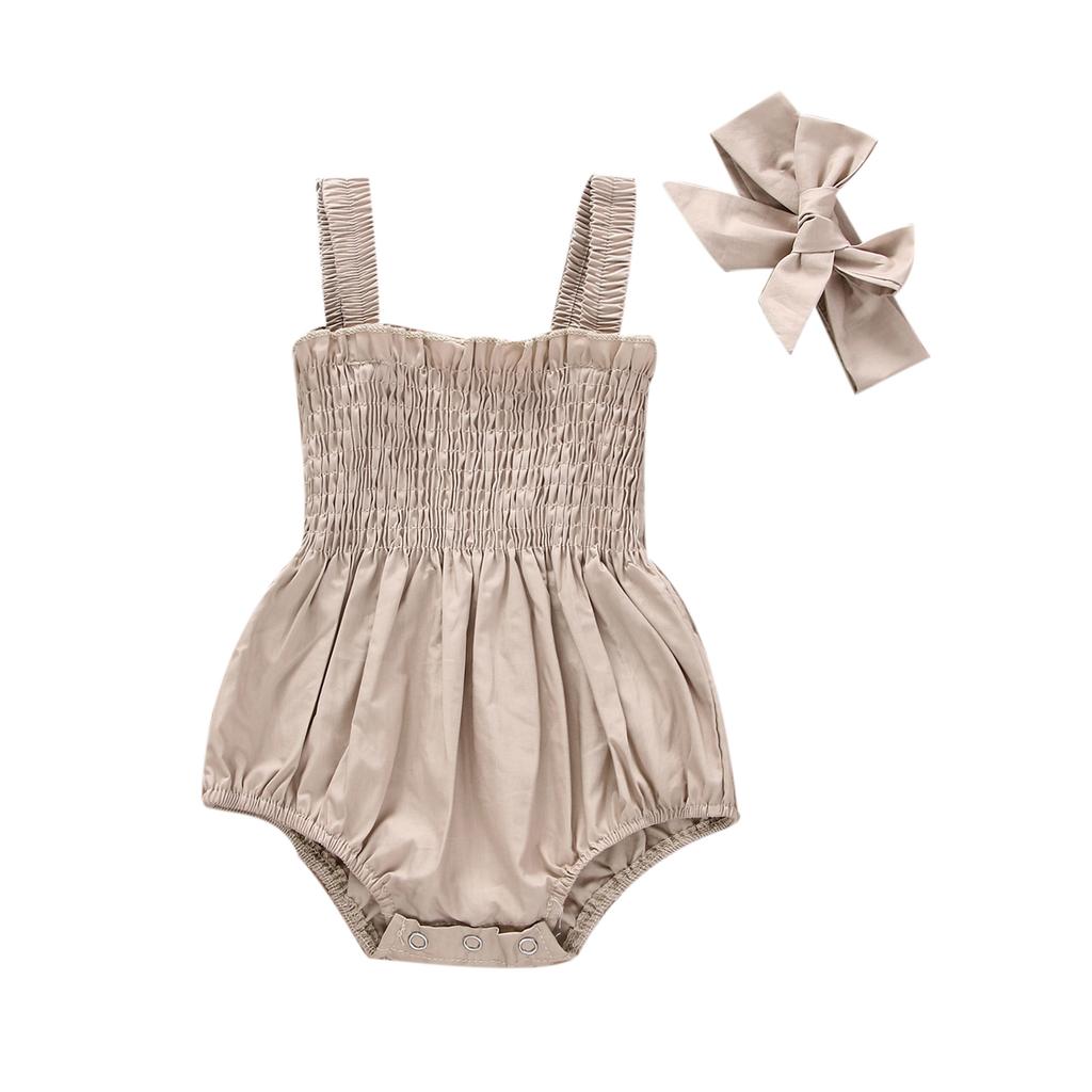 Baby Summer Jumpsuit Outfit Solid Color Ruched Toddler Girl Casual Sleeveless Suspender Rompers and Headband
