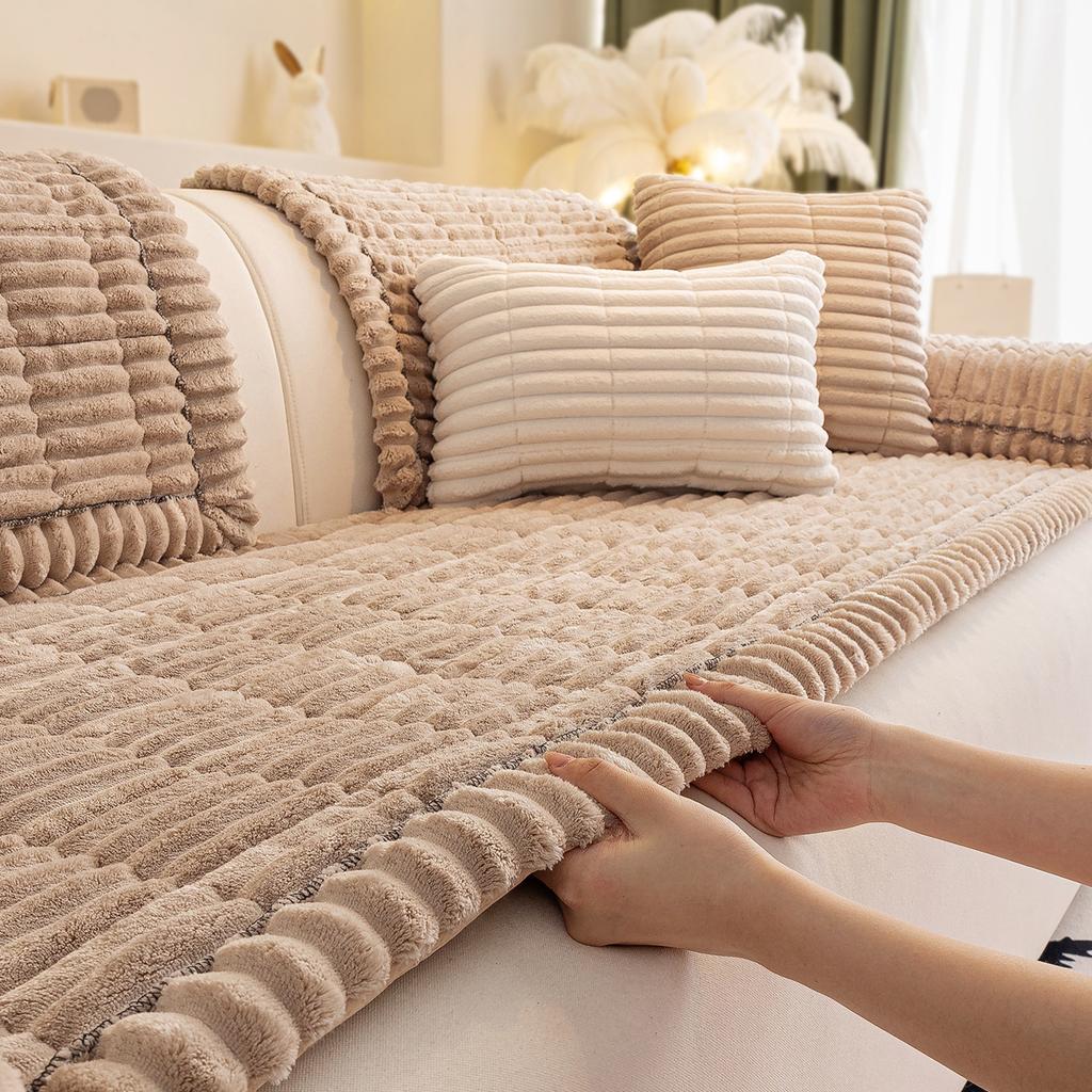 Quilted Stripe Imitation Rabbit Fur Plush Sofa Slipcover Winter Warm Non-slip Sofa Towel Couch Cushion For Living Room Home Deco