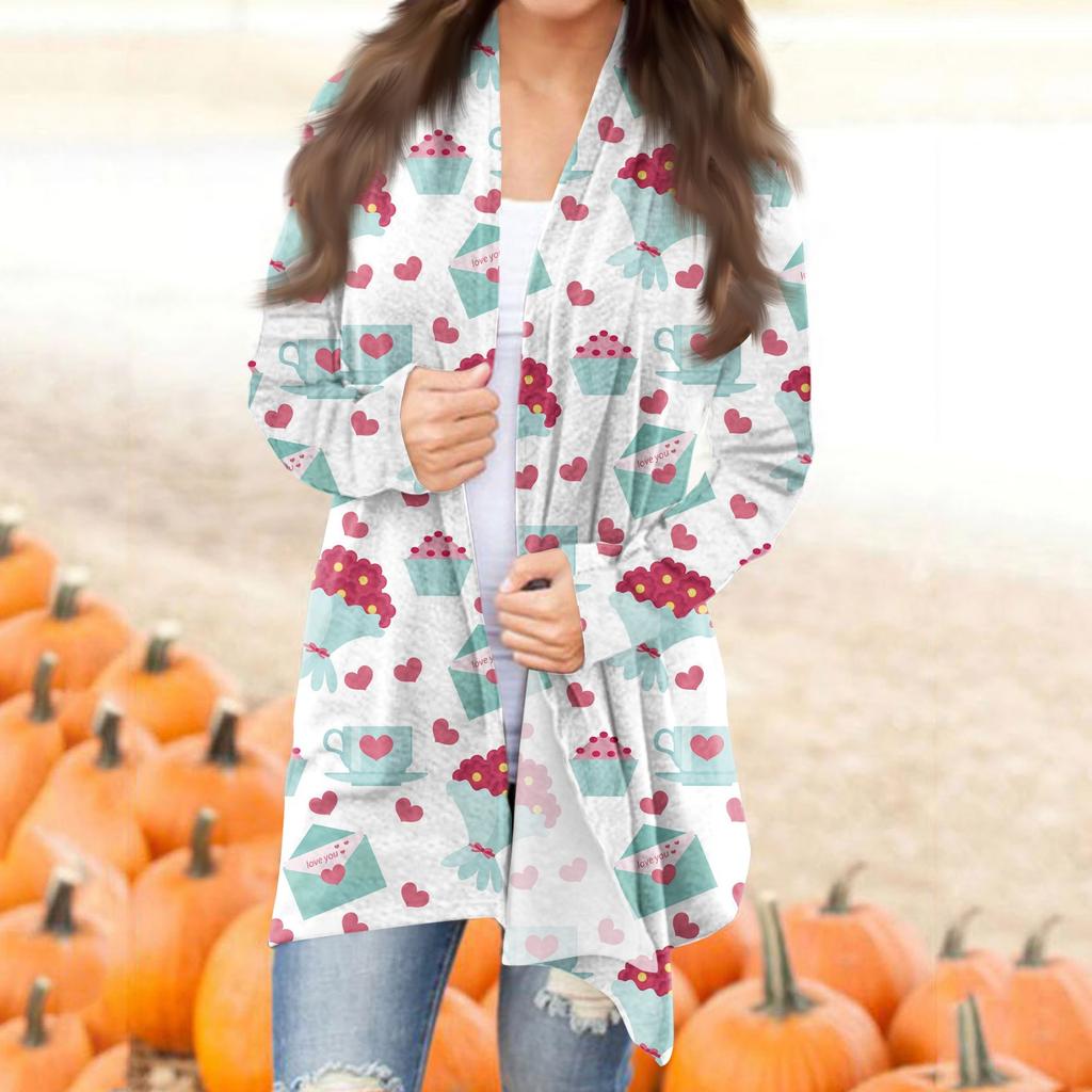 Женский повседневный кардиган с длинными рукавами и принтом ко Дню святого Валентина без карманов, верхнее пальто