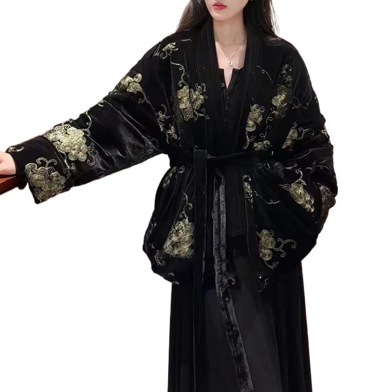 Черный цвет Цветочный принт Вышитая бархатная ткань Африканские жаккардовые ткани для платья Ципао Одежда Ширина 130см