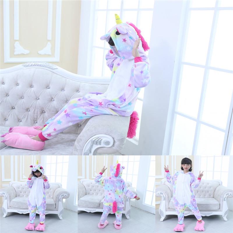 Rainbow Unicorn Kigurumi Pajamas for Kids Unisex Animal Flannel Cosplay Sleepwear with Shoes Boy