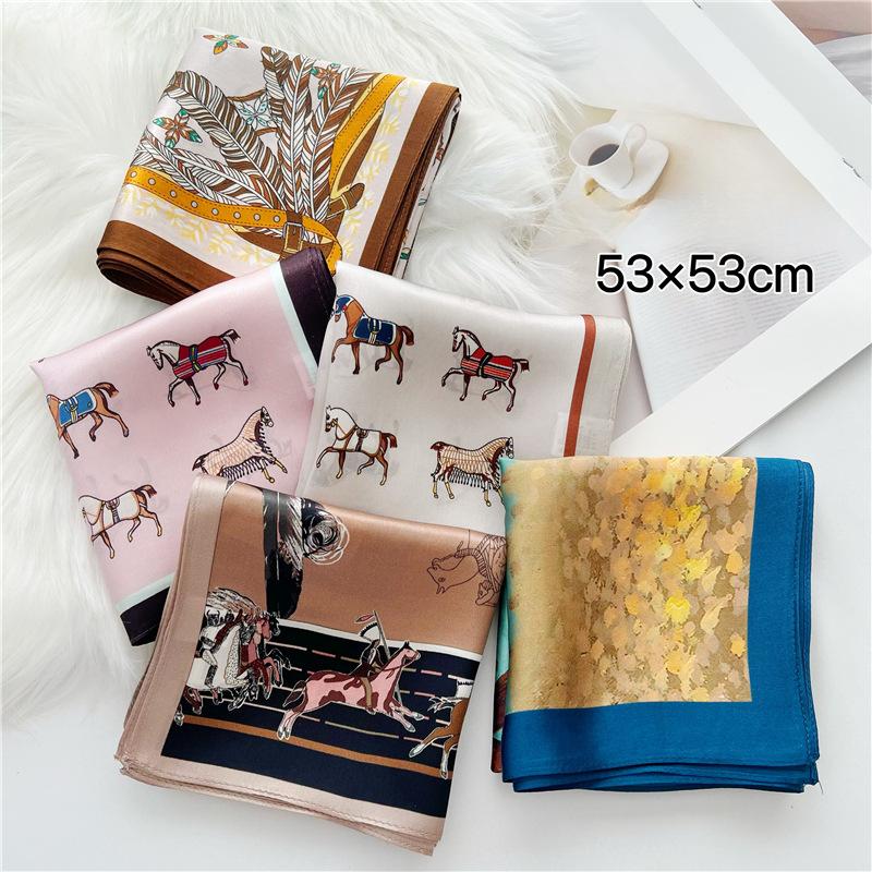 53*53cm Square Silk Scarf Women's Fashion Printed Small Neck Scarf Office Women's Hair Belt Folar Handkerchief Women's Handkerchief Scarf