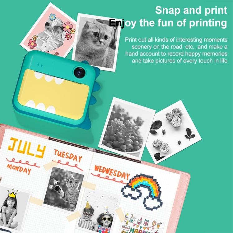 P1 No Card ChildrenInstant Camera1200W Front And Rear Dual-Lens Mini Print Photographic Digital Camera Toy(Green Dinosaur)