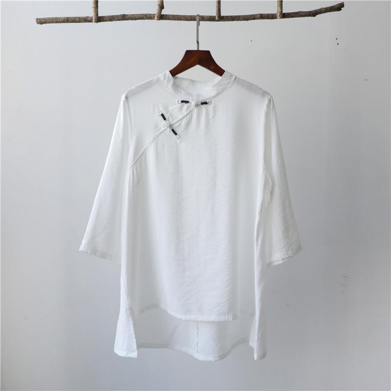 Johnature Женские рубашки в китайском стиле, топы, стойка, длинный рукав, на пуговицах, летние, однотонные блузки, свободные рубашки