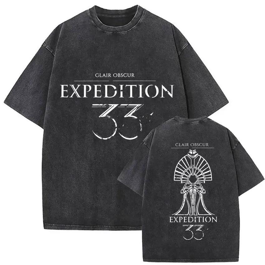 Esquie Clair Obscur Expedition 33 Vintage Washed Graphic T Shirts Men Gothic Classic Punk Short Sleeve Tshirt Unisex Streetwear