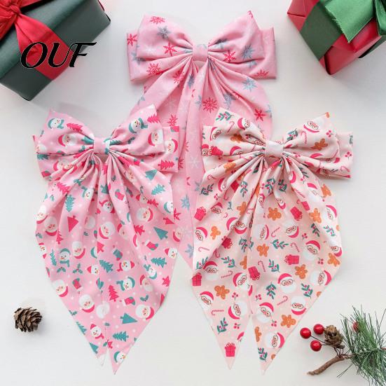 Cute Santa Claus Hair Clips Christmas Pink Bow Clip, Large Fabric Hairpin with Festive Barrettes for Girls Claus/Snowman/Snowflake Print Holiday Party