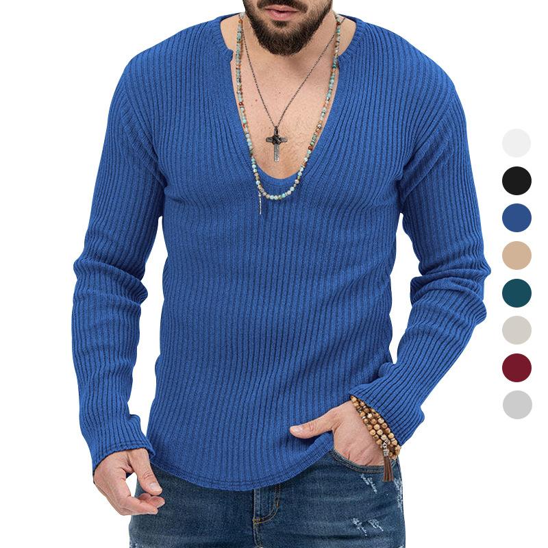 Men's V-Neck Ribbed Long Sleeve Knit Sweater, Slim Fit Casual Pullover, Multiple Color Options