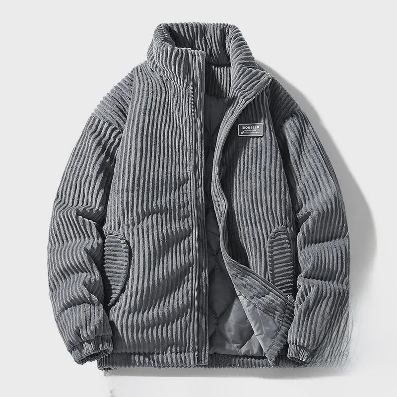 2024 Мужское и парное толстое ветрозащитное вельветовое хлопковое пальто: Американский ретро-воротник-стойка, устойчивый к холоду, для осени/зимы.