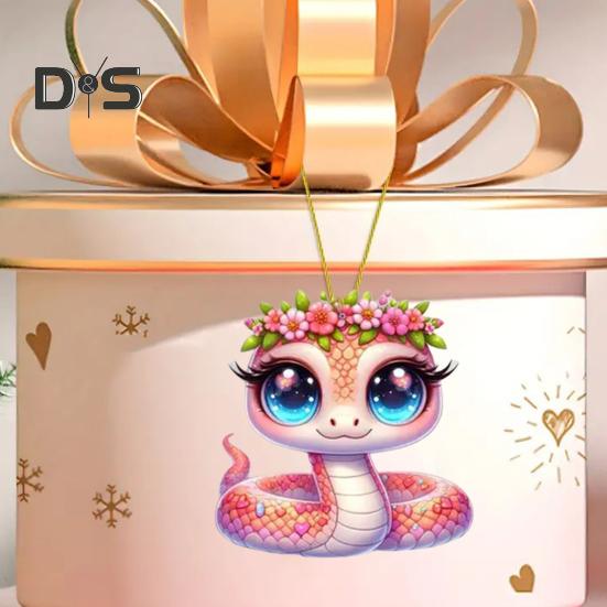 Pink Flower Snake Pendant Acrylic Christmas Tree Hanging Car Decoration Funny Snake Lover Xmas Gift for Car Rearview Mirrors Windows Bags