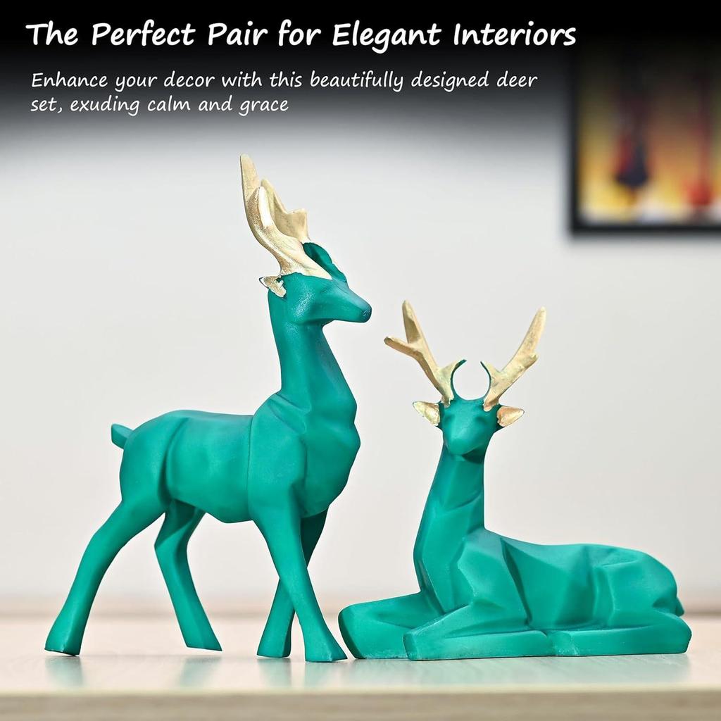 Set of 2 Deer Resin Showpieces Hiran Statues for Home and Office Décor, Nature-Art Pieces, Ideal Gift for Nature Lovers, Family, and Friends (Green)