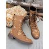 Autumn and Winter New Flat-bottom Embroidered Martin Boots Women's Round Head Square Heel Side Zipper Lace-up Medium Boots Women