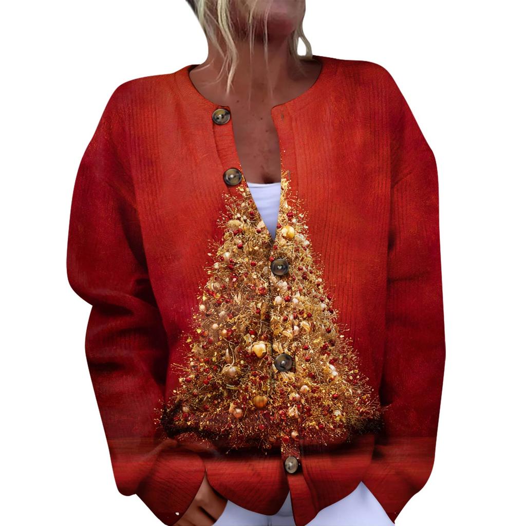 Women's Fashion Christmas Printed Long Sleeve Knitted Cardigan Button Down Jacket
