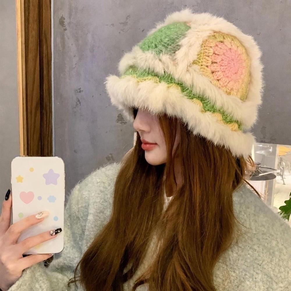 Faux Rabbit Fur Earflap Bucket Hat Fluffy Winter Windproof Hat Warm Fisherman Knitted Hat Girls