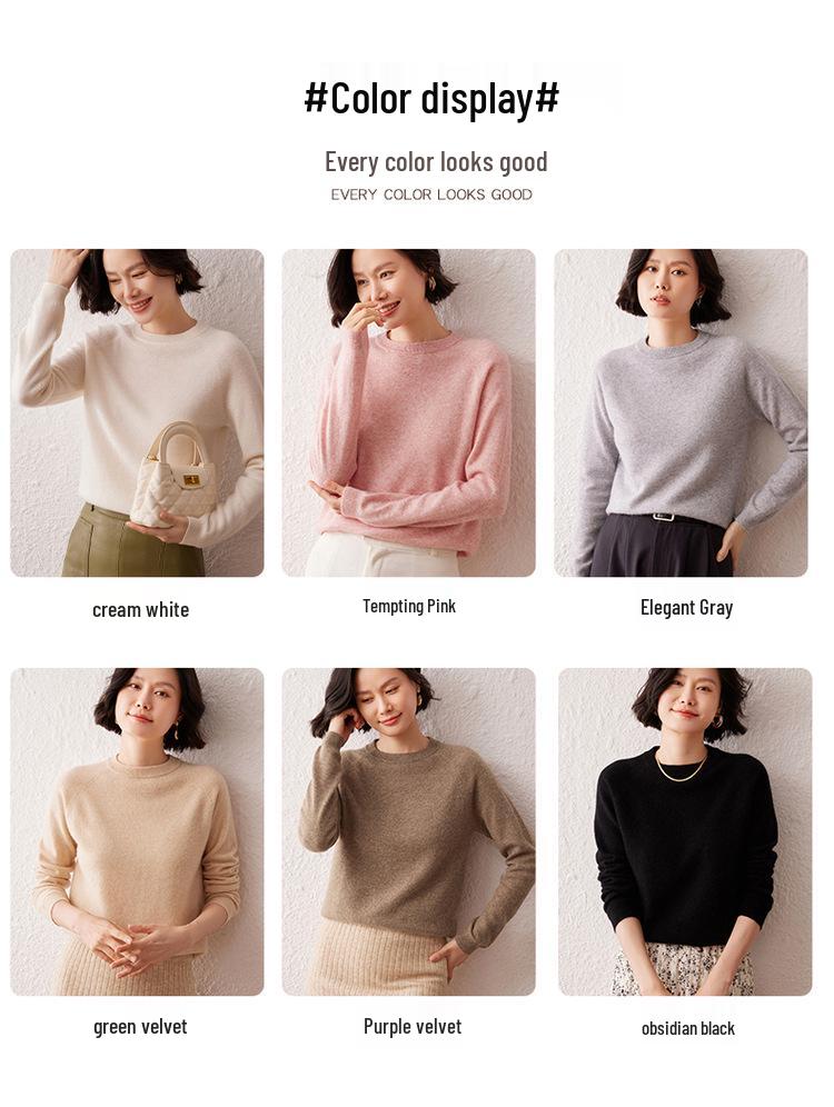 Women's Cashmere Sweater, Autumn/Winter 2026, Round Neck, Raglan Sleeve, Gentle, Loose Slimming Fit, Solid Color.