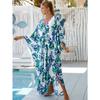 Plus Size Boho Cover Up, Women's Plus Painting Print Bat Sleeve V Neck Split Hem Maxi Cover Up Dress