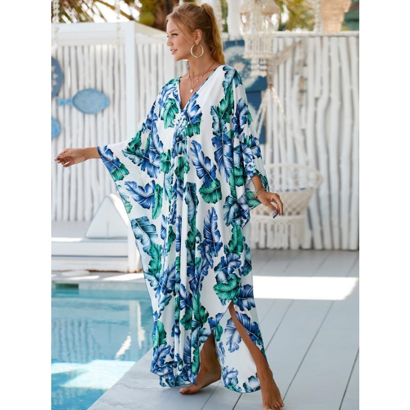 Plus Size Boho Cover Up, Women's Plus Painting Print Bat Sleeve V Neck Split Hem Maxi Cover Up Dress
