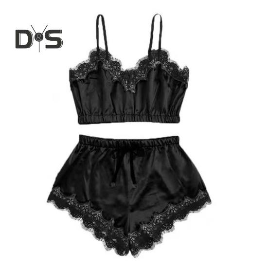 Женский пижамный комплект из 2 предметов, кружевная отделка, V-образный вырез, укороченный топ на бретельках, эластичный пояс, шорты, повседневный комплект без рукавов, домашний комплект