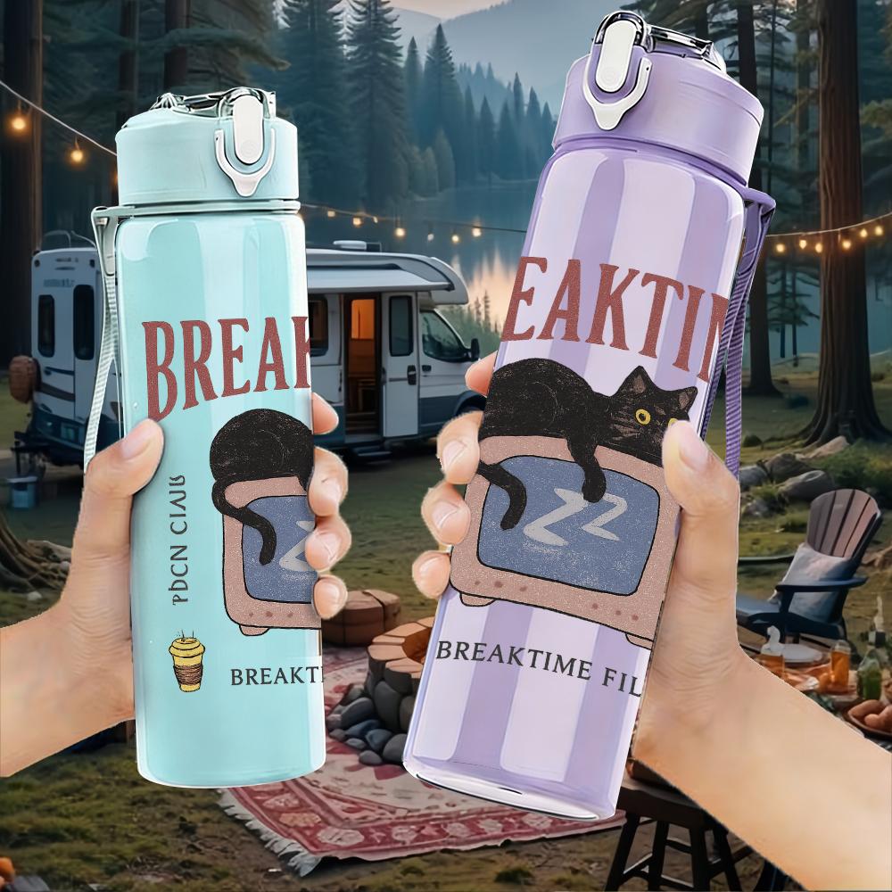 1PC Breaktime Cat Coffee Graphic 750ml Color Plastic Sports Water Bottle Leakproof Flip Straw Lid For Sports Office Home Use