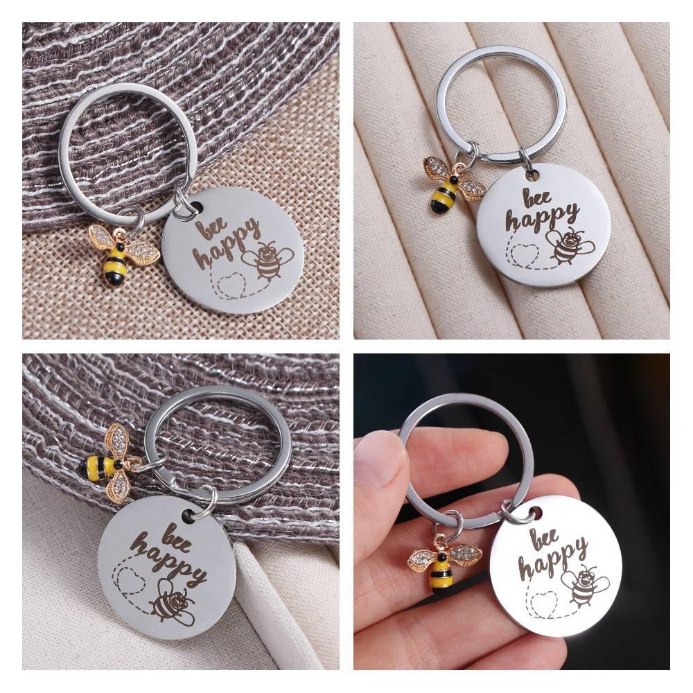 with Letters Stainless Steel Key Ring DIY Letters Round Pendants Bee Happy Key Chain Father