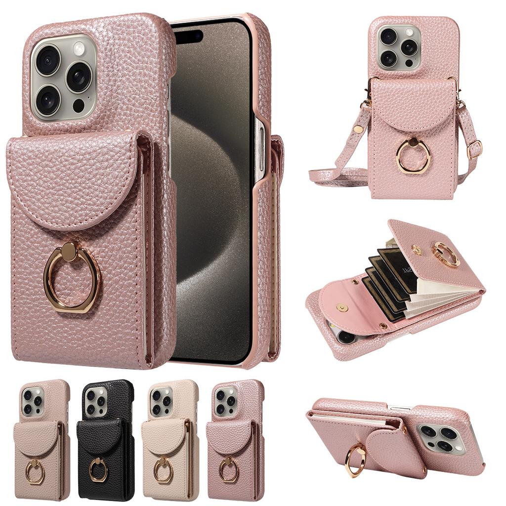Litchi Texture Wallet Case for iPhone 16 Pro Max/15 Plus, Rugged Shockproof Cover with Card Holder & Ring Kickstand, Heavy Duty Protective Case