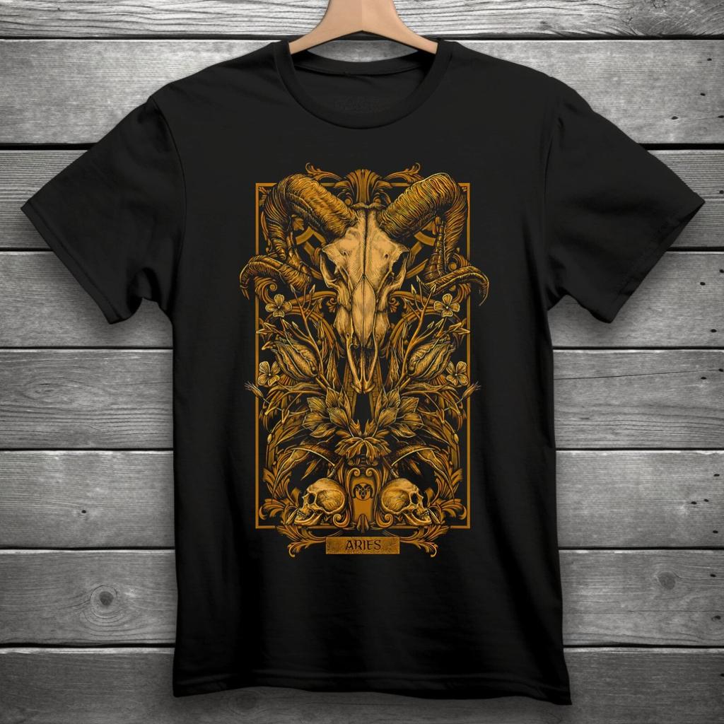 Aries Zodiac Sign Goth Skull Unisex Black T-Shirt S-3XL