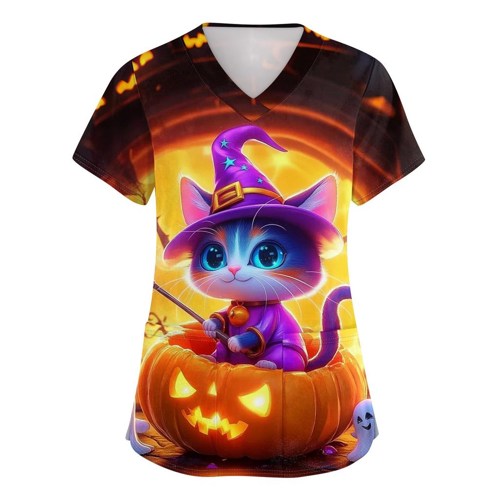 Женский топ защитного костюма с V-образным вырезом, с короткими рукавами, с принтом на Хэллоуин, с карманом и боковыми разрезами