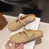 Fashion Baotou Flat Shoes Spring New Round Head Shallow Mouth Bead Butterfly Knot Soft Sole Anti-slip Wear-resistant Slippers