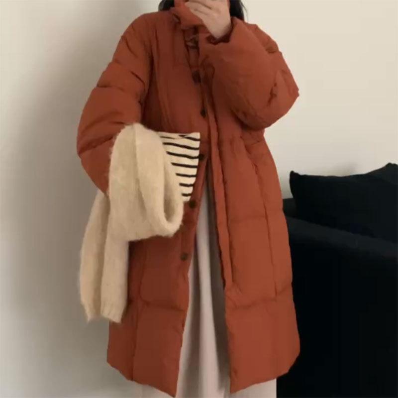 Дизайнерская куртка-пуховик женская длинная 2024 новая корейская версия воротник-стойка высококачественная роговая пряжка пуховик