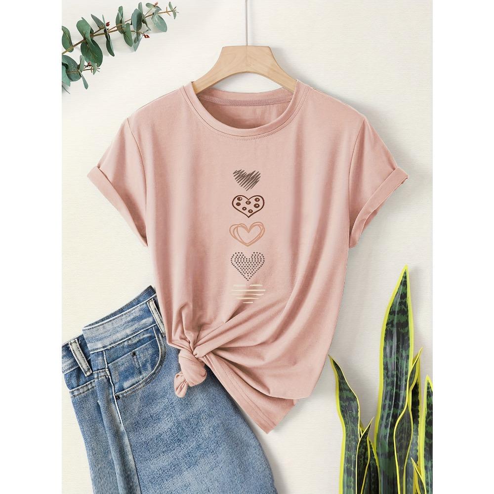 Women Cotton Short Sleeves T-shirts Minimalist Hearts Women's Tee Cute Doodle Graphic Casual Everyday Top