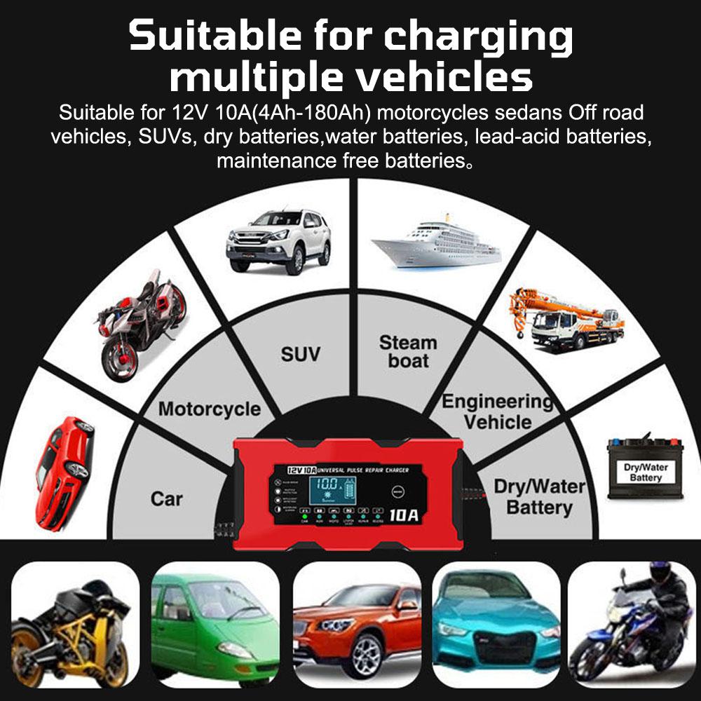 10A 12V Car Battery Chargers Intelligent Pulse Repair For Iron Lithium AGM Lead Acid Batteries Household Storage Cell Chargers