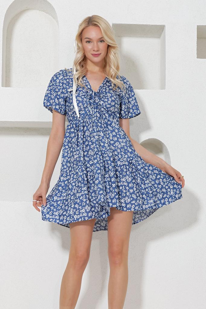 Женское платье, новый сезон, модная синяя юбка с v-образным вырезом и цветочным узором, тканое платье с воланами