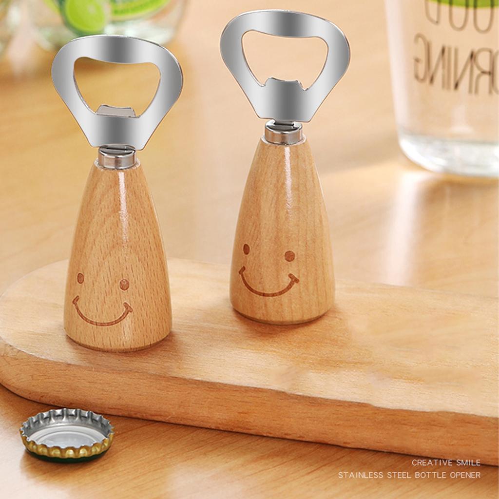 Открывалка для пива из нержавеющей стали с деревянной ручкой и улыбающимся лицом Удобный захват Инструмент для открывания Практичный кухонный гаджет