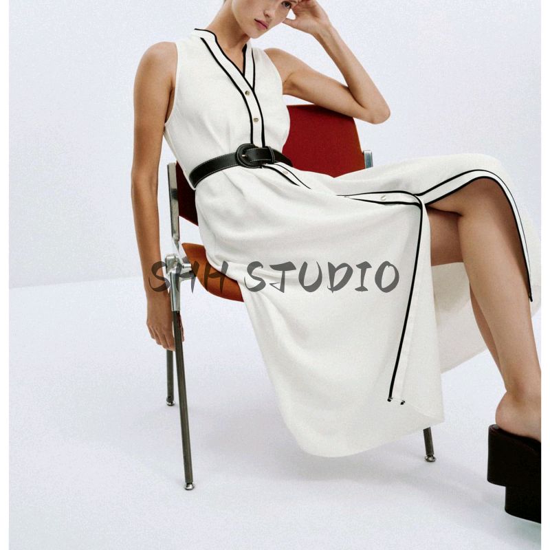 Summer New Product Women's Clothes Minimalist Round Neck Sleeveless Contrast Color Trim Belt Midi Skirt Dress 8552957