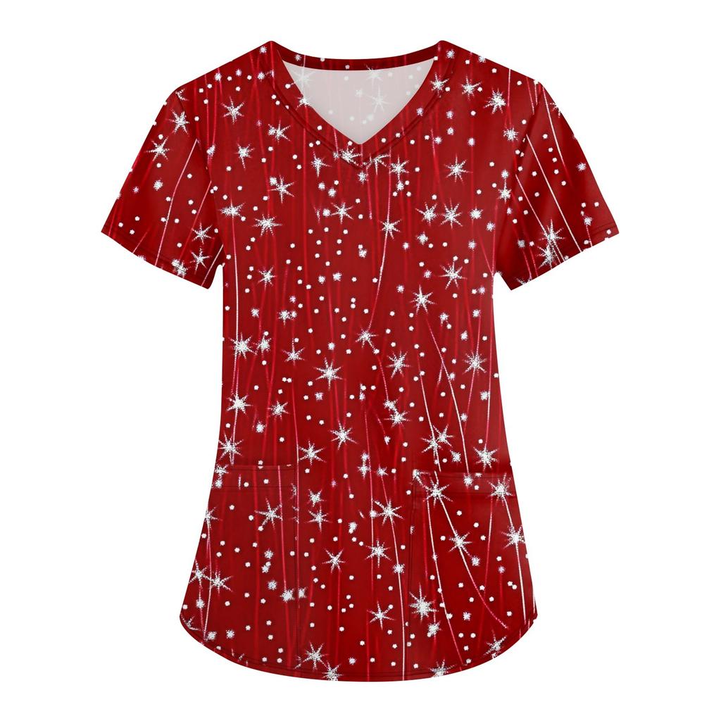 Plus Size Printed Scrub Working Uniform Tops For Women's Cross V Neck Christmas Print Short Sleeve Fun T-Shirts Workwear Tee With Pockets