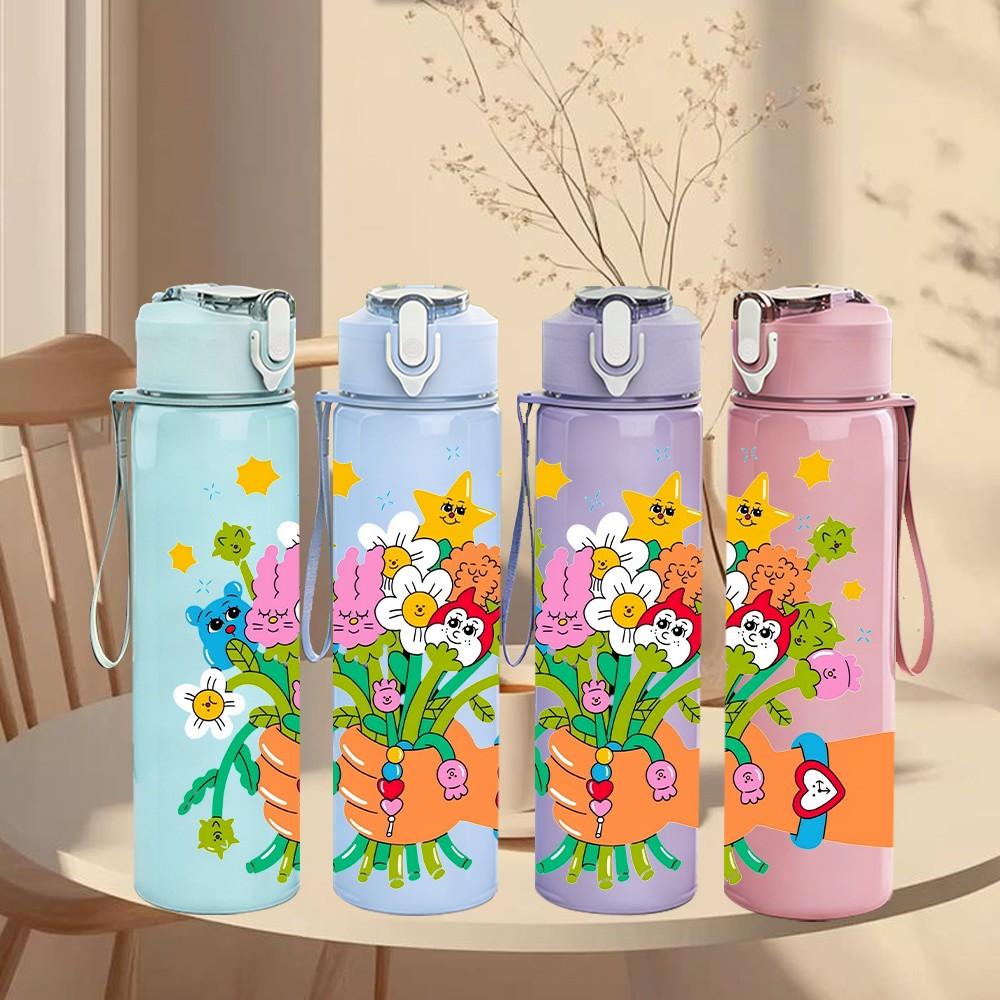 1PC Fresh Bouquet Flower Doodle 750ml Color Plastic Sports Water Bottle Leakproof Flip Straw Lid Suitable for Sports Office Home Use